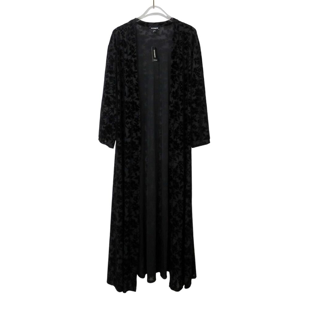Express Black Velvet Floral Sheer Kimono Duster Long Size Small NWT - Picture 2 of 10